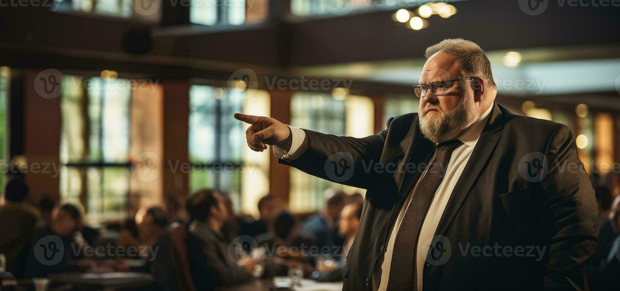 Portly manager effectively directing productive business conference photo
