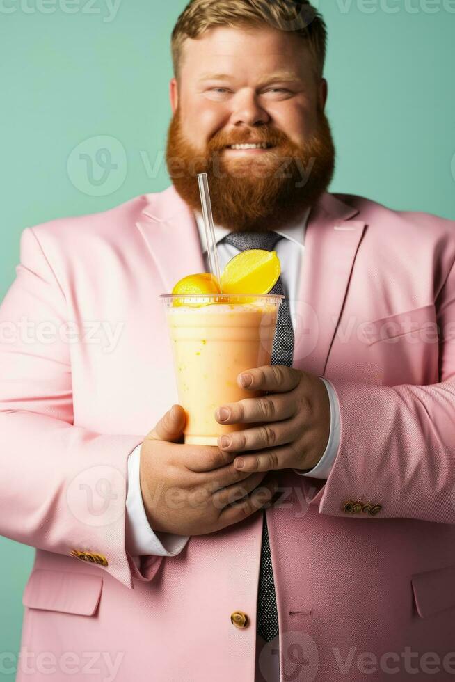 A pudgy manager preparing a healthy smoothie isolated on a gradient background photo