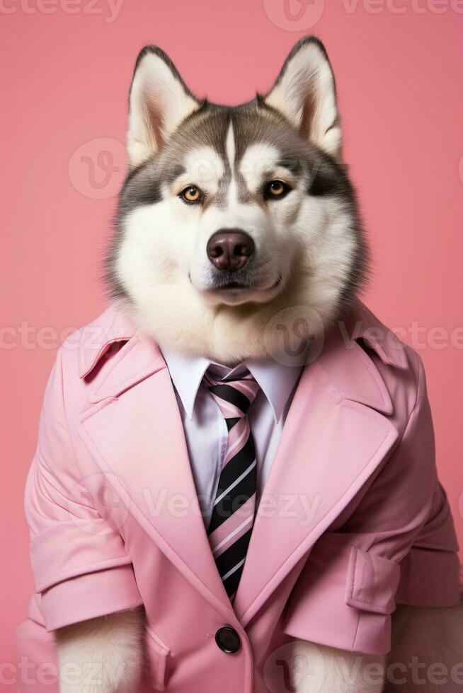 A husky manager confidently modeling stylish plus size attire isolated on a gradient background photo