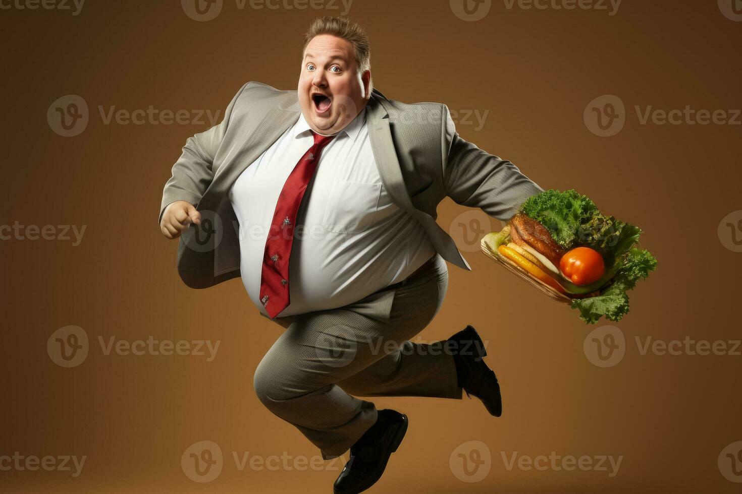 A fat manager jogging with a salad isolated on a gradient background photo