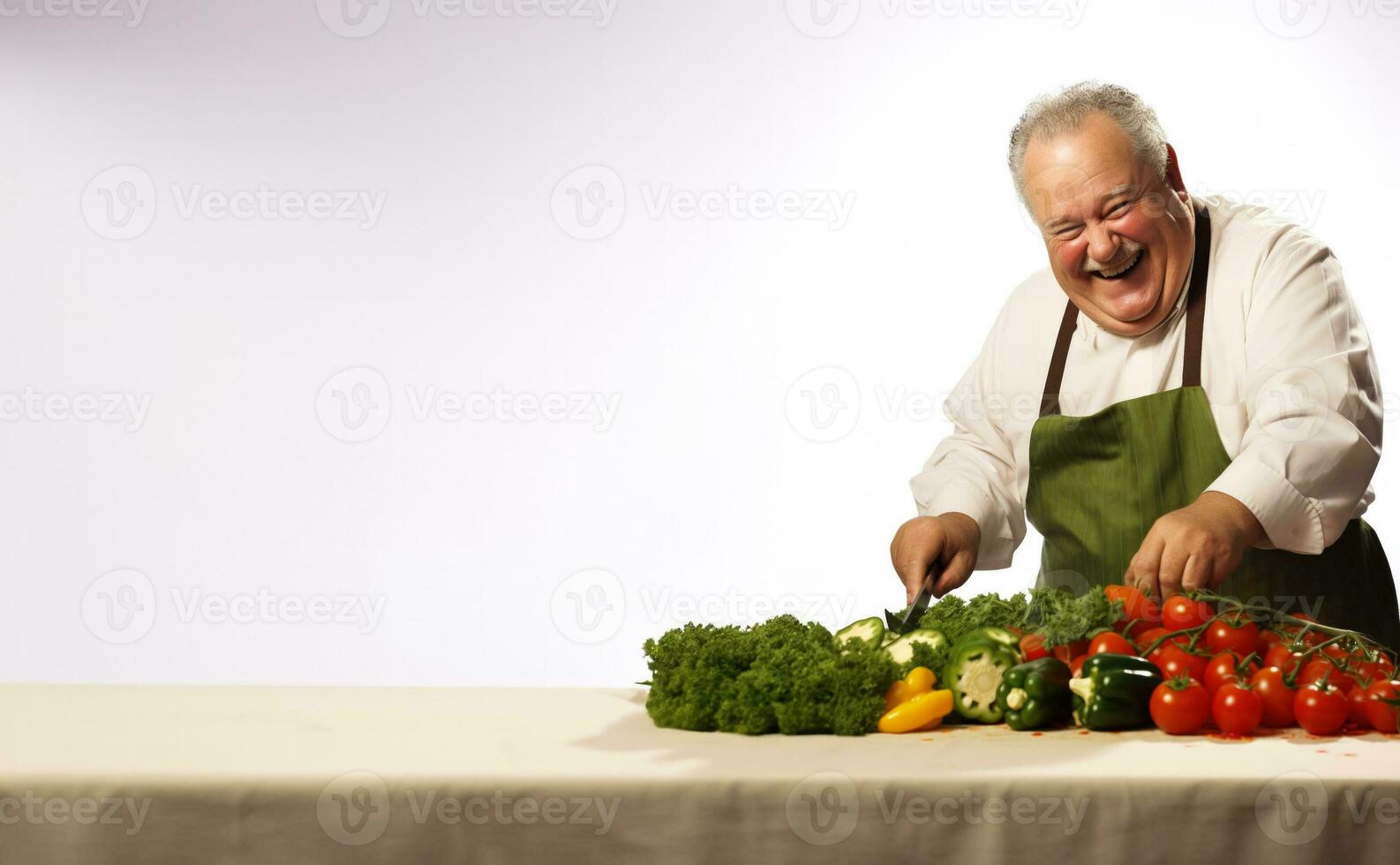 Smiling overweight manager chopping vegetables isolated on a white background photo