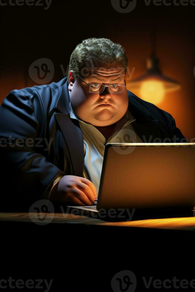 A pudgy manager working late on his computer isolated on a gradient background photo