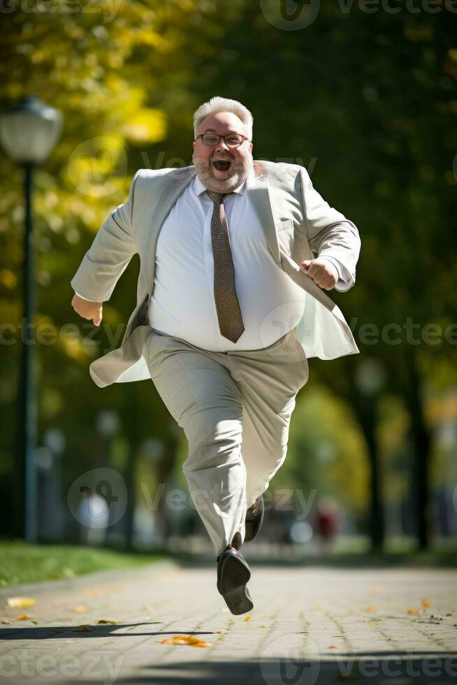 Overweight boss joyfully jogging as part of his wellness journey photo