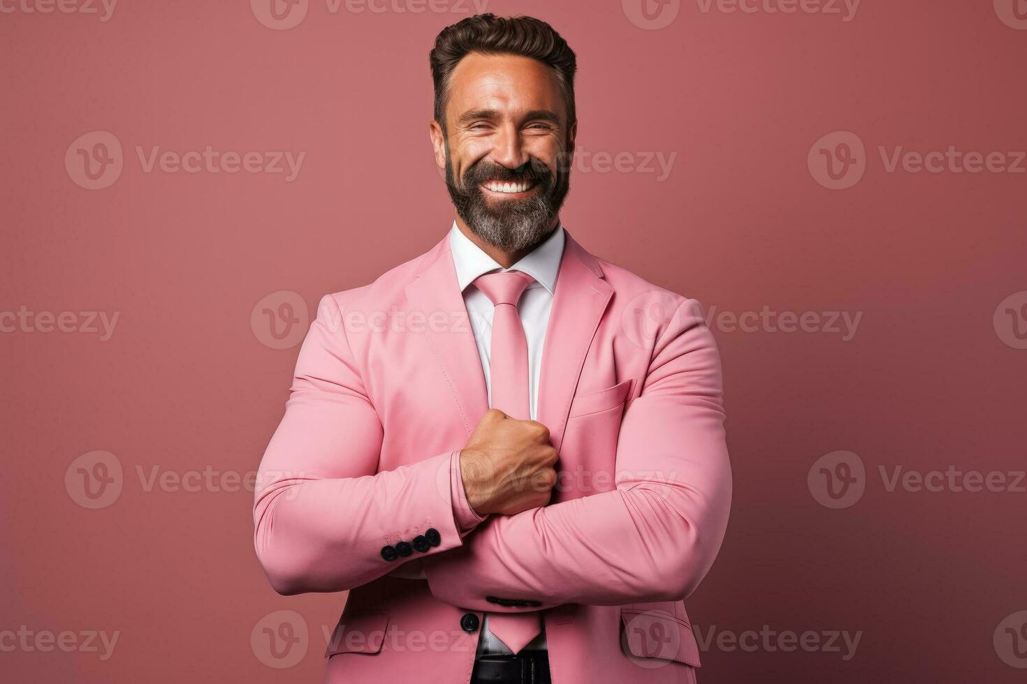 A confident manager flaunting his large physique isolated on a gradient background photo