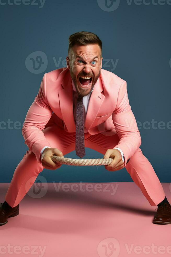 A round manager cheerfully participating in a tug of war isolated on a gradient background photo