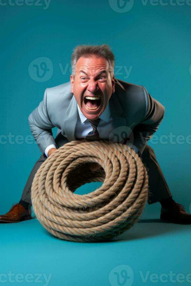 A round manager cheerfully participating in a tug of war isolated on a gradient background photo