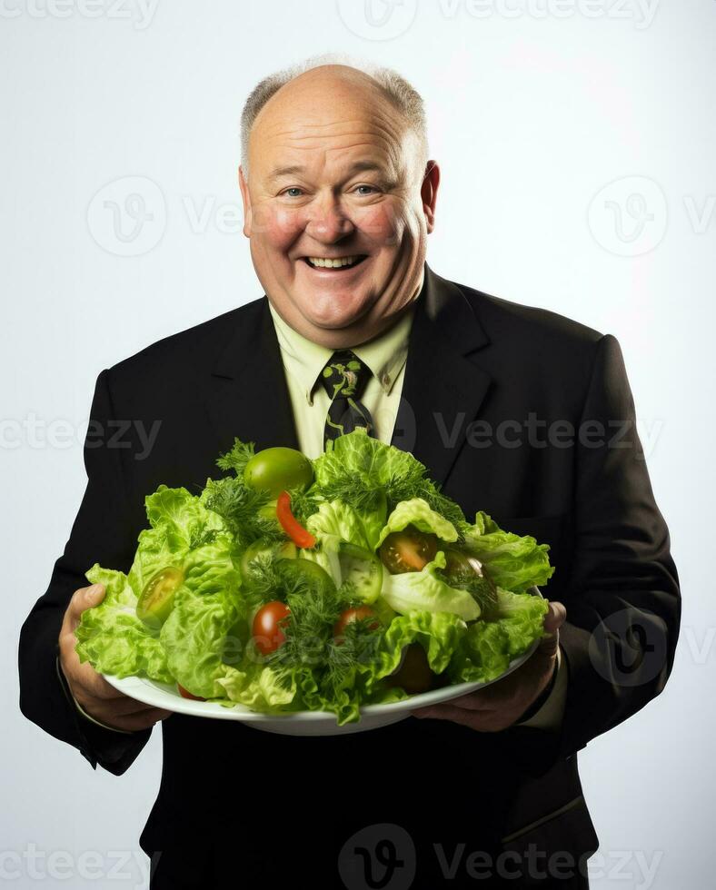 Cheerful fat manager holding a fresh salad isolated on a white background photo