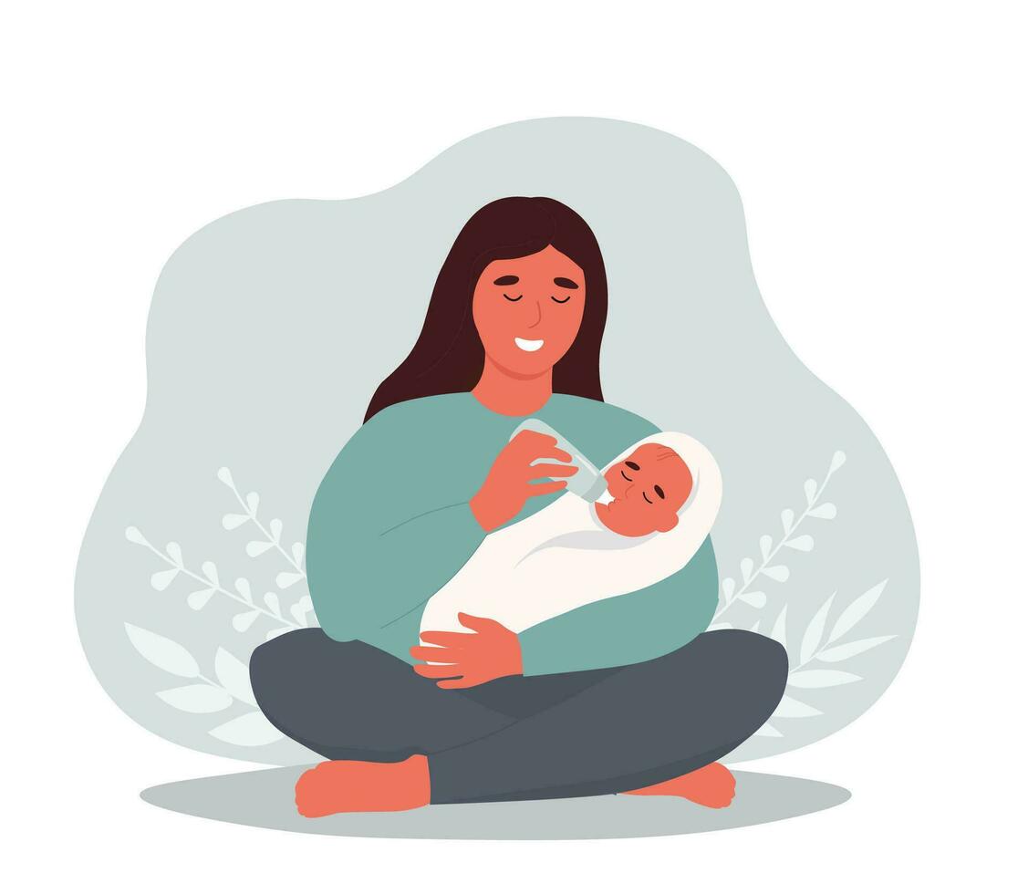 Mother feeds baby from a bottle. A parent holds a child in his arms. Happy family, care, support. Vector flat graphics.
