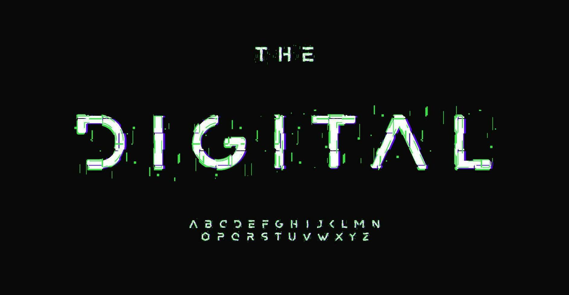 Futuristic alphabet with digital distorted effect, glitch error effect font for cinematic headline, high technology logo, game design. Vector typographic design.