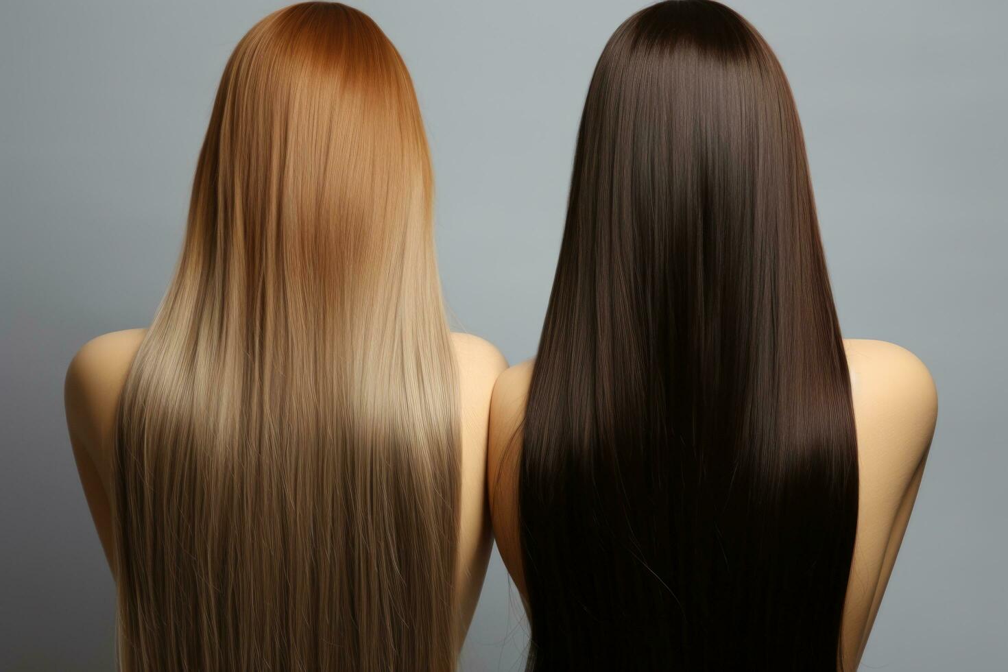 oscuro y ligero Derecho pelo de cerca. morena y rubia con largo Derecho cabello. peluquería tratos foto