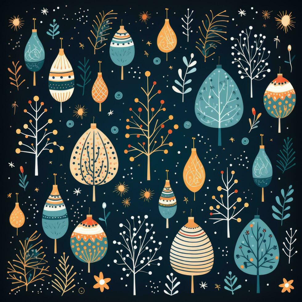 Beautiful pattern with different trees, branches, berries on a dark background. Flat style photo