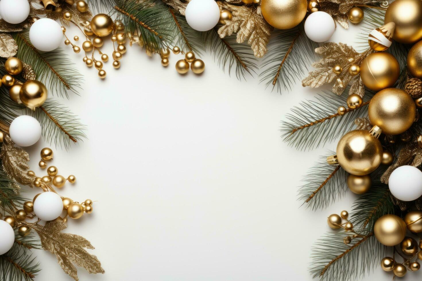 Fir branches decorated with golden balls on a light background. Place for text. Christmas greeting background photo