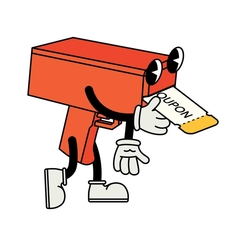 personaje juguete pistola con descuento cupón en 70s dibujos animados estilo vector