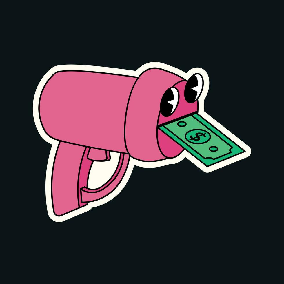 Funny groovy retro clipart pink toy gun with dollar bill vector