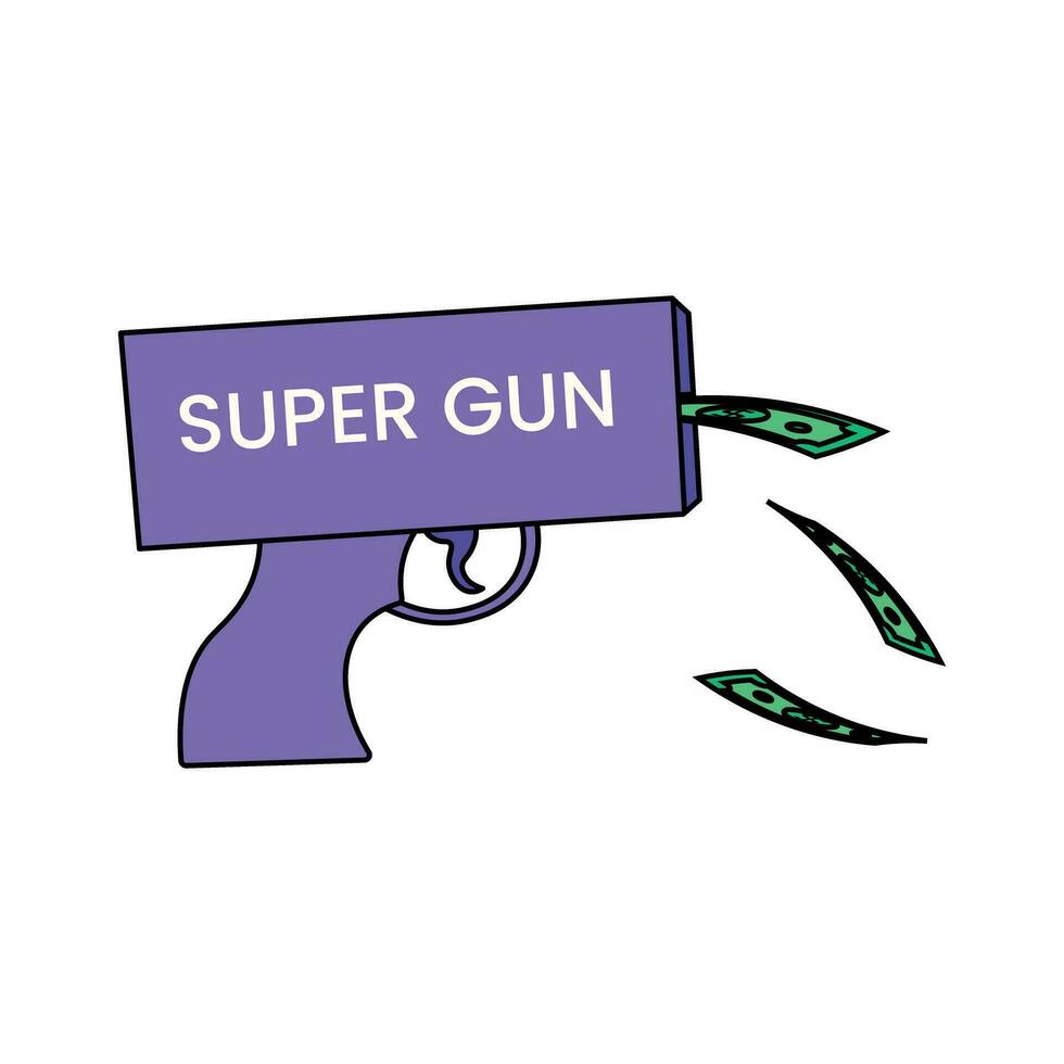 Purple toy gun with Super gun inscription shoots dollar bills vector