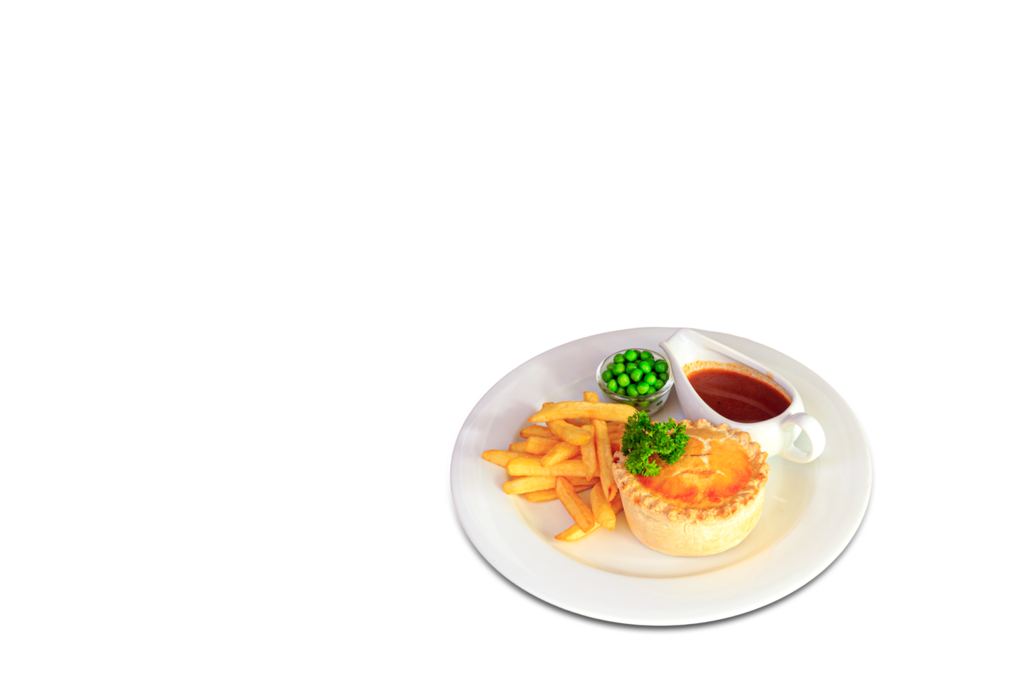 Steak and kidney pie with puff-pastry top and French fries png