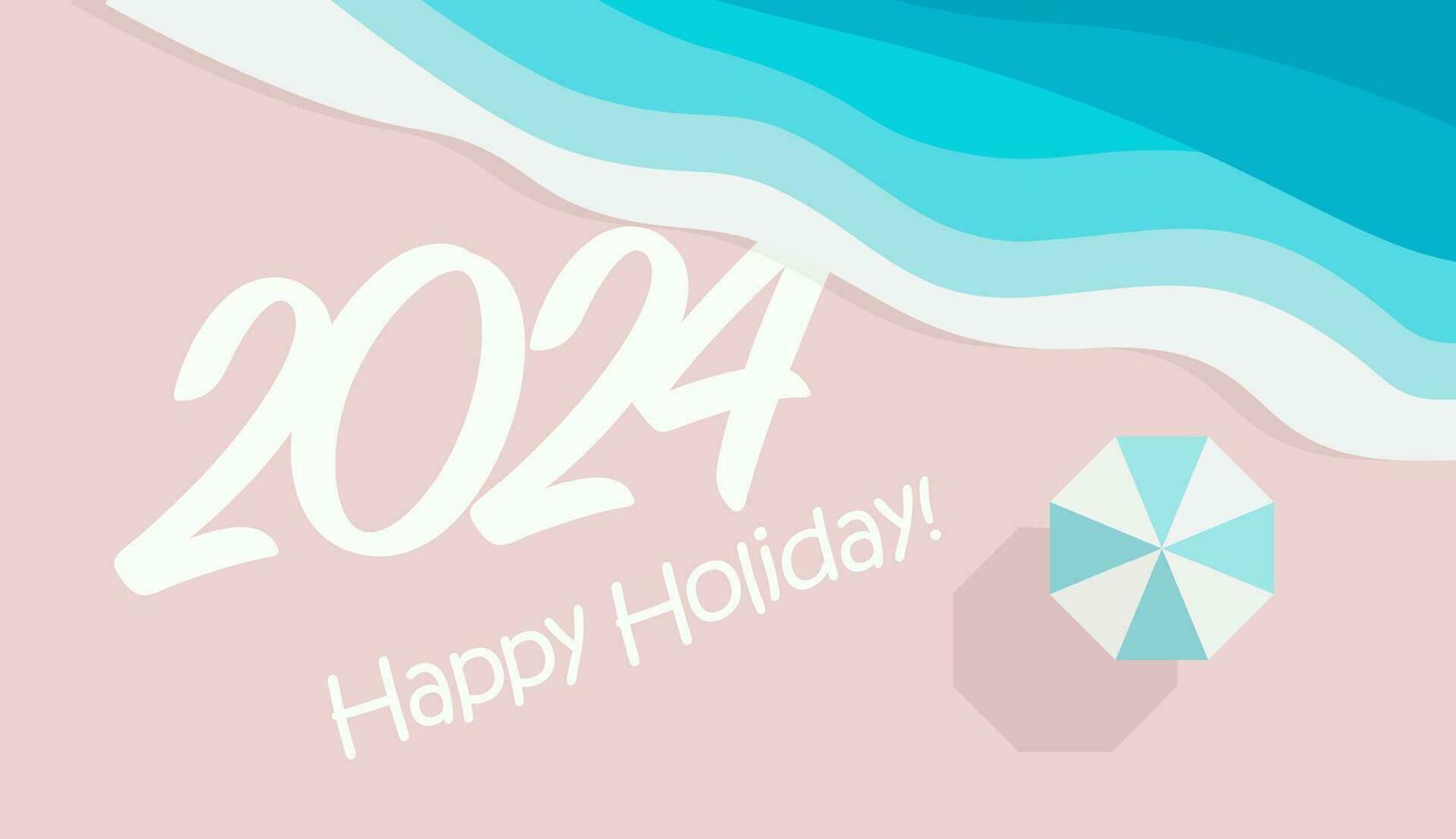 Holiday card with coastal scenery with magenta sea, aquamarine sand, umbrella at the beach. Happy Holidays in 2024 postcard for New Year vacation in warm sunny beach. Top view, vector illustration