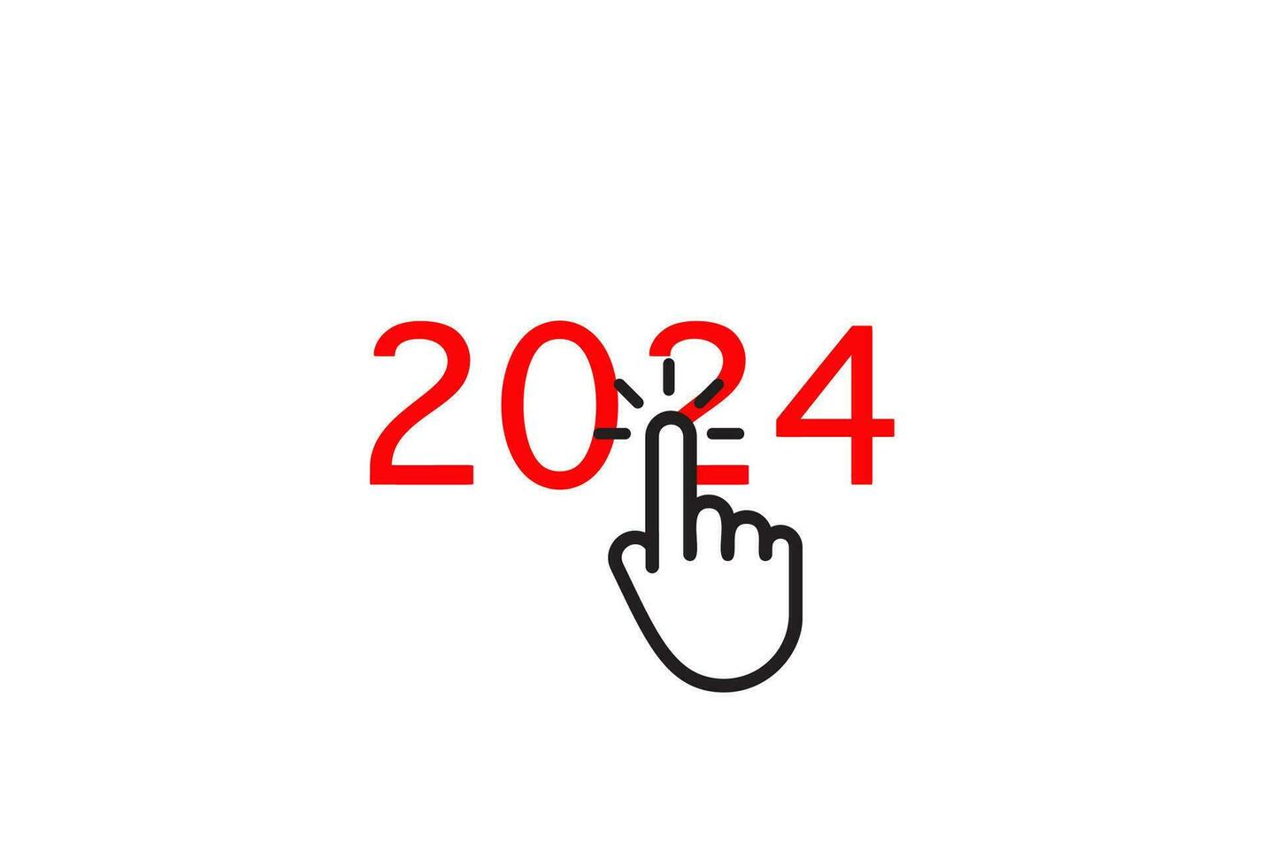 Hand points to the year 2024 in a modern, nostalgic design. Perfect for web banners, cards, calendars and more. Vector illustration.