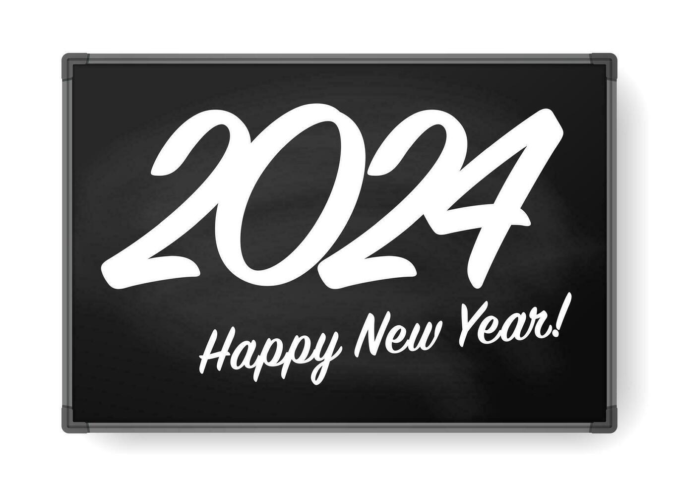 pizarra con elegante letras 2024 contento nuevo año. blanco tiza en un negro antecedentes para saludo tarjetas, calendarios, pancartas, y más. vector ilustración.