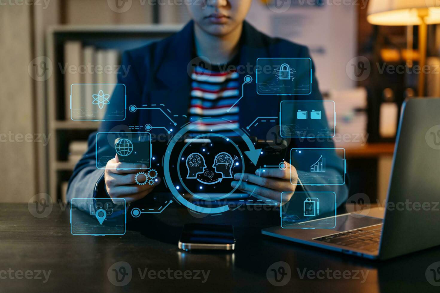 Man using chatbot in computer and tablet  smart intelligence Ai.Chat with AI Artificial Intelligence, developed by OpenAI generate. Futuristic technology, robot in online system. neon light photo