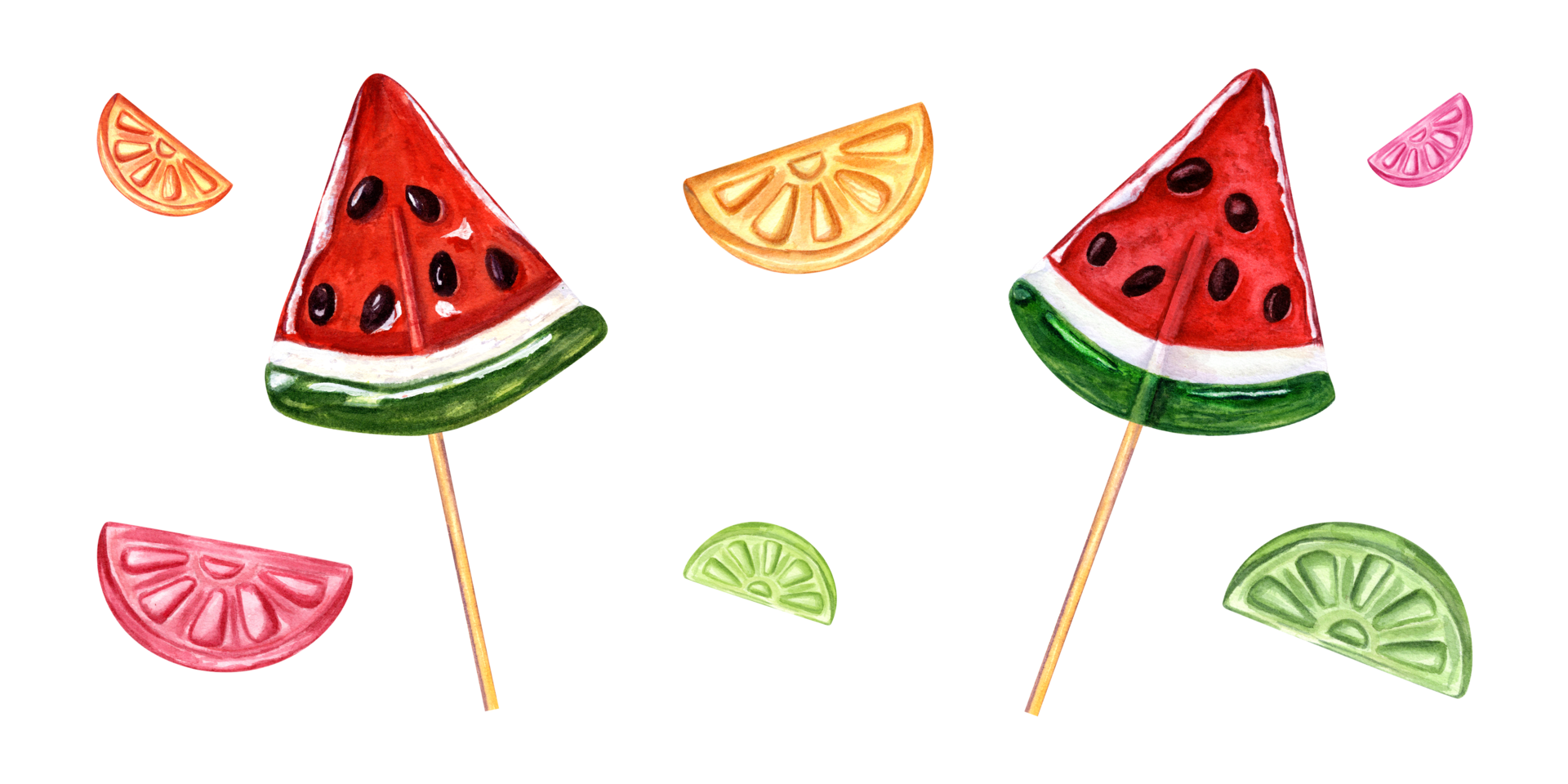 Juicy caramel watermelon slices with chocolate seeds, colorful candies