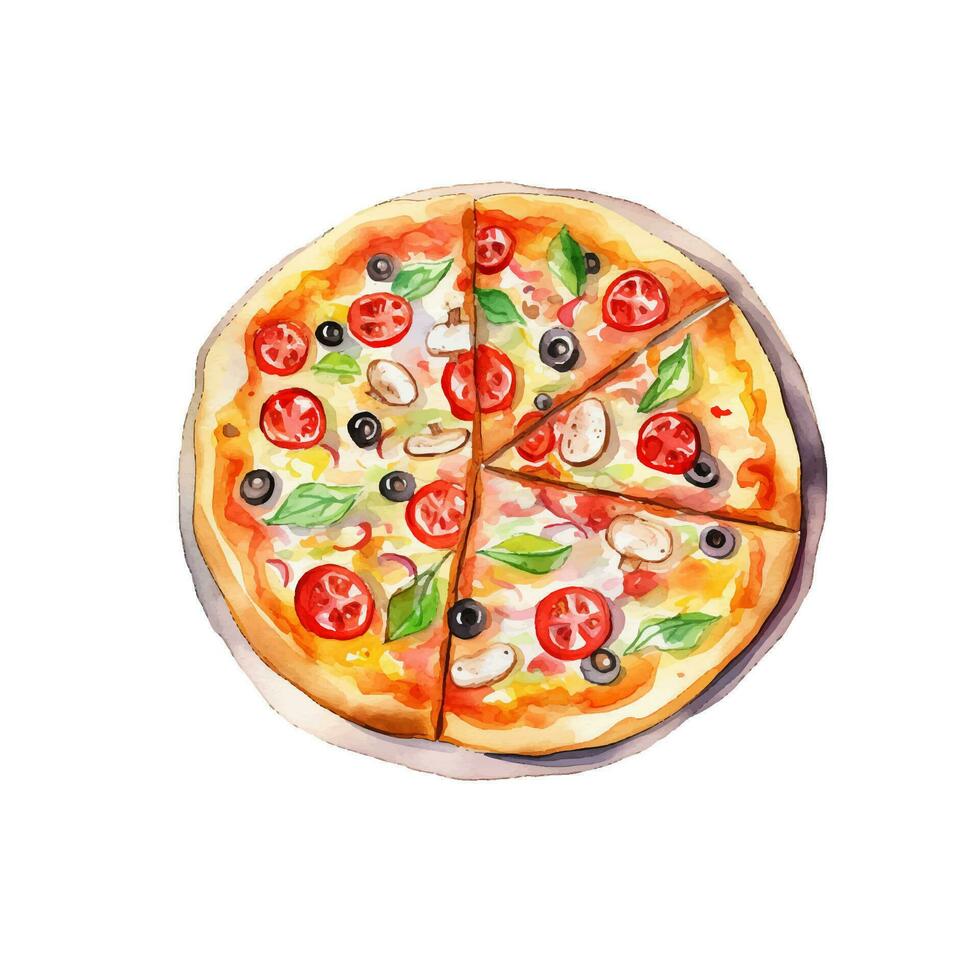 Hand drawn slice of pizza. Watercolor sketch isolated on white background. Vector illustration for food design