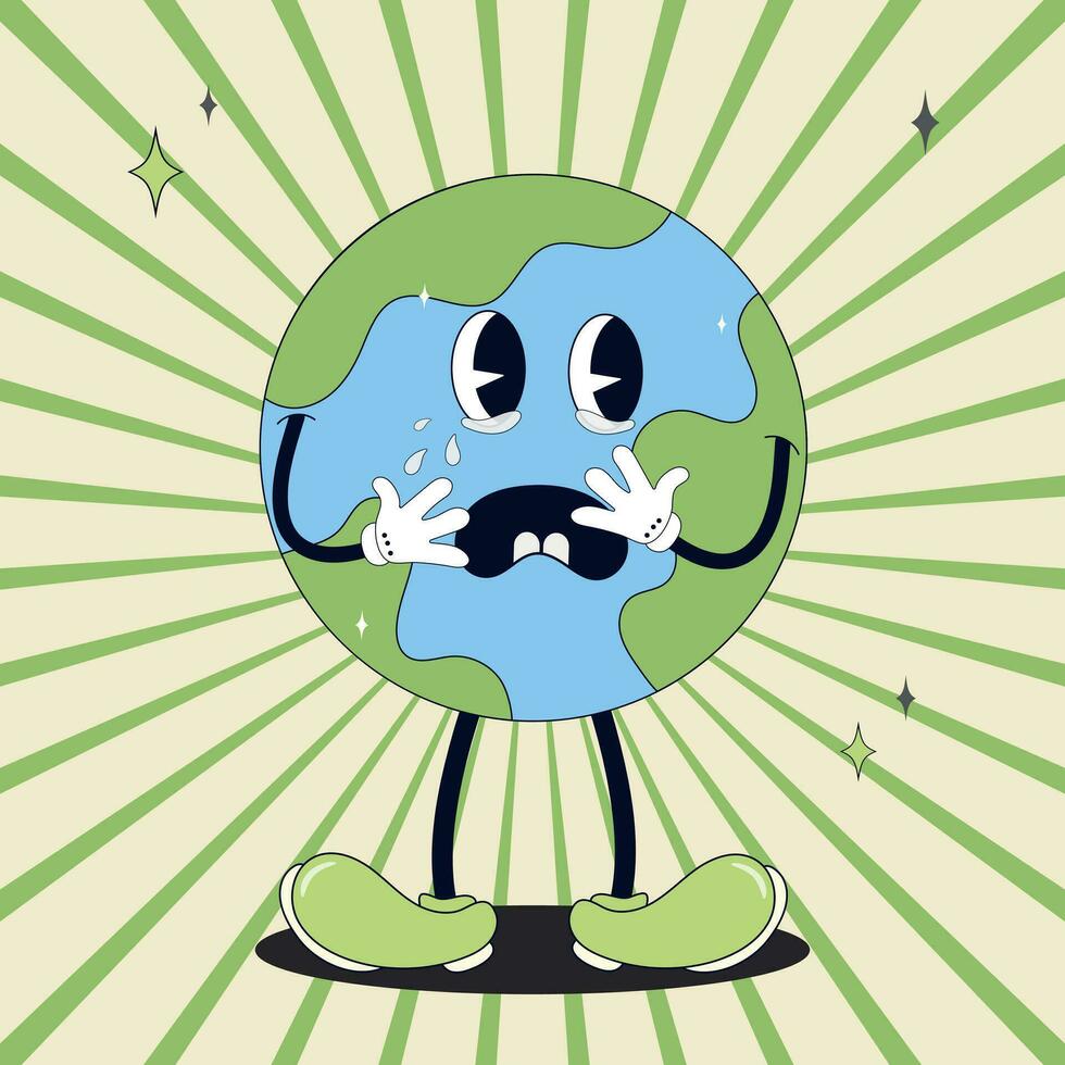 Retro groovy cartoon style earth planet.Earth Day.70s. Save the Earth. Cartoon cute earth planet character. Concept of World Environment Day in retro style. World Environment Day vector