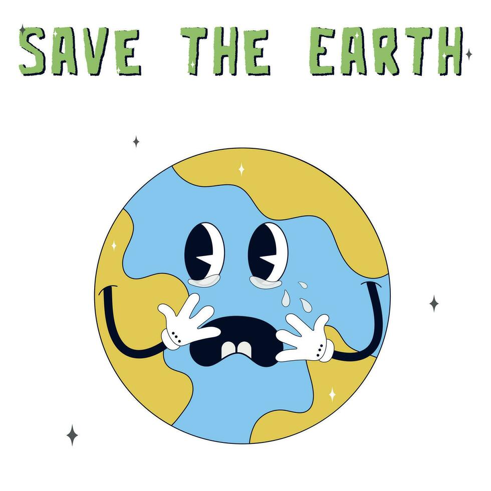 Retro groovy cartoon style earth planet.Earth Day.70s. Save the Earth. Cartoon cute earth planet character. Concept of World Environment Day in retro style. World Environment Day vector