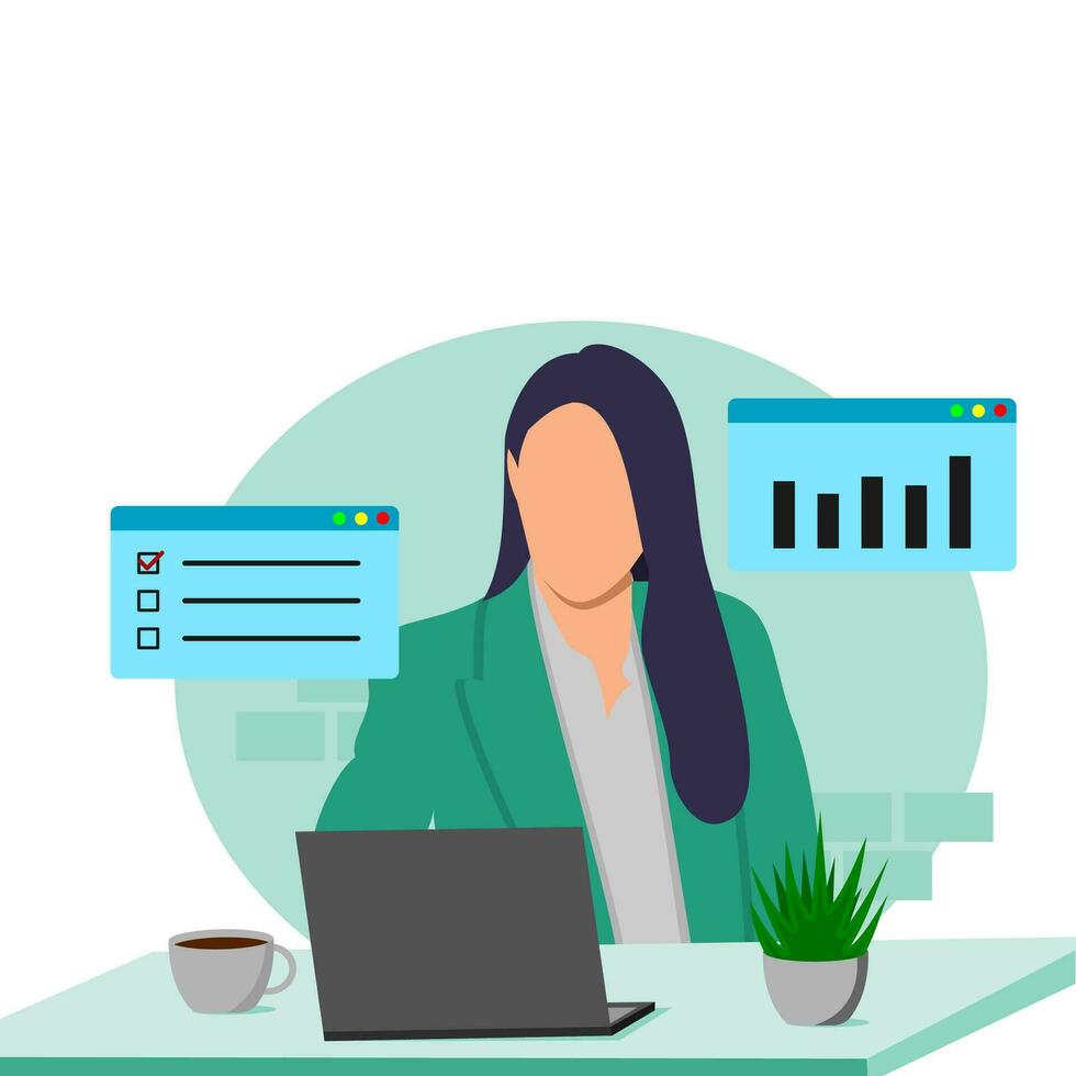 flat illustration of busy girl and laptop vector