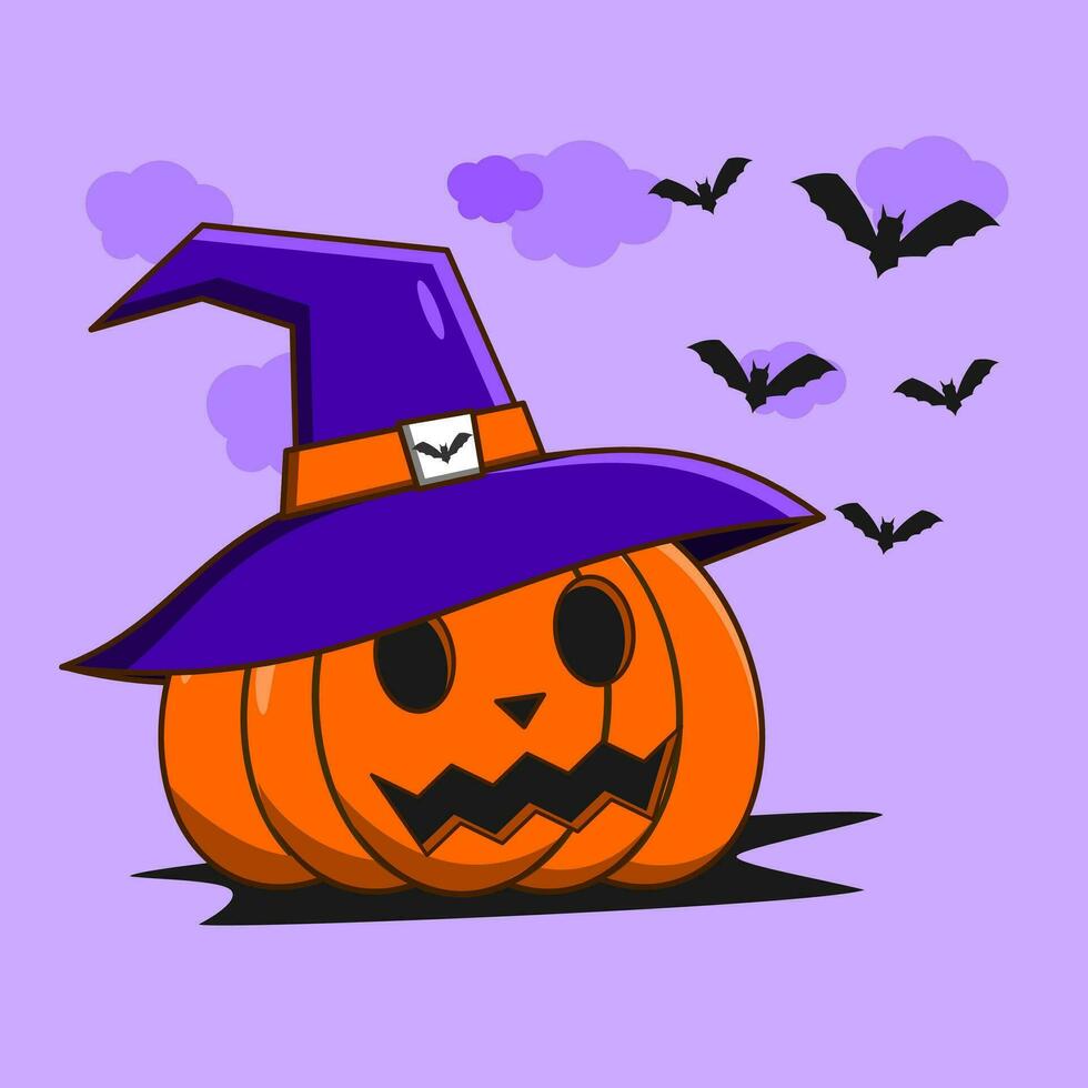 halloween pumpkin with witch hat and bats vector illustration
