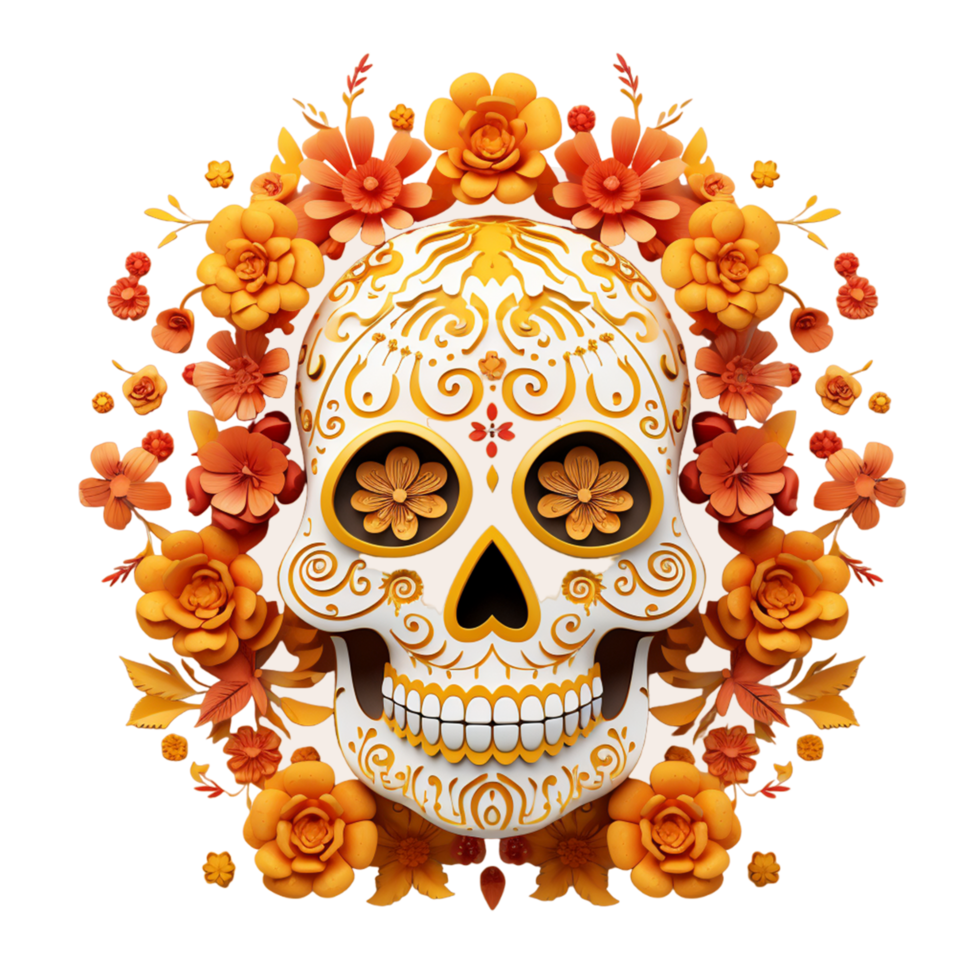 Mexikaner Festival Tag von tot und dia de los Muertos Schädel mit Blumen Dekoration ai generativ png