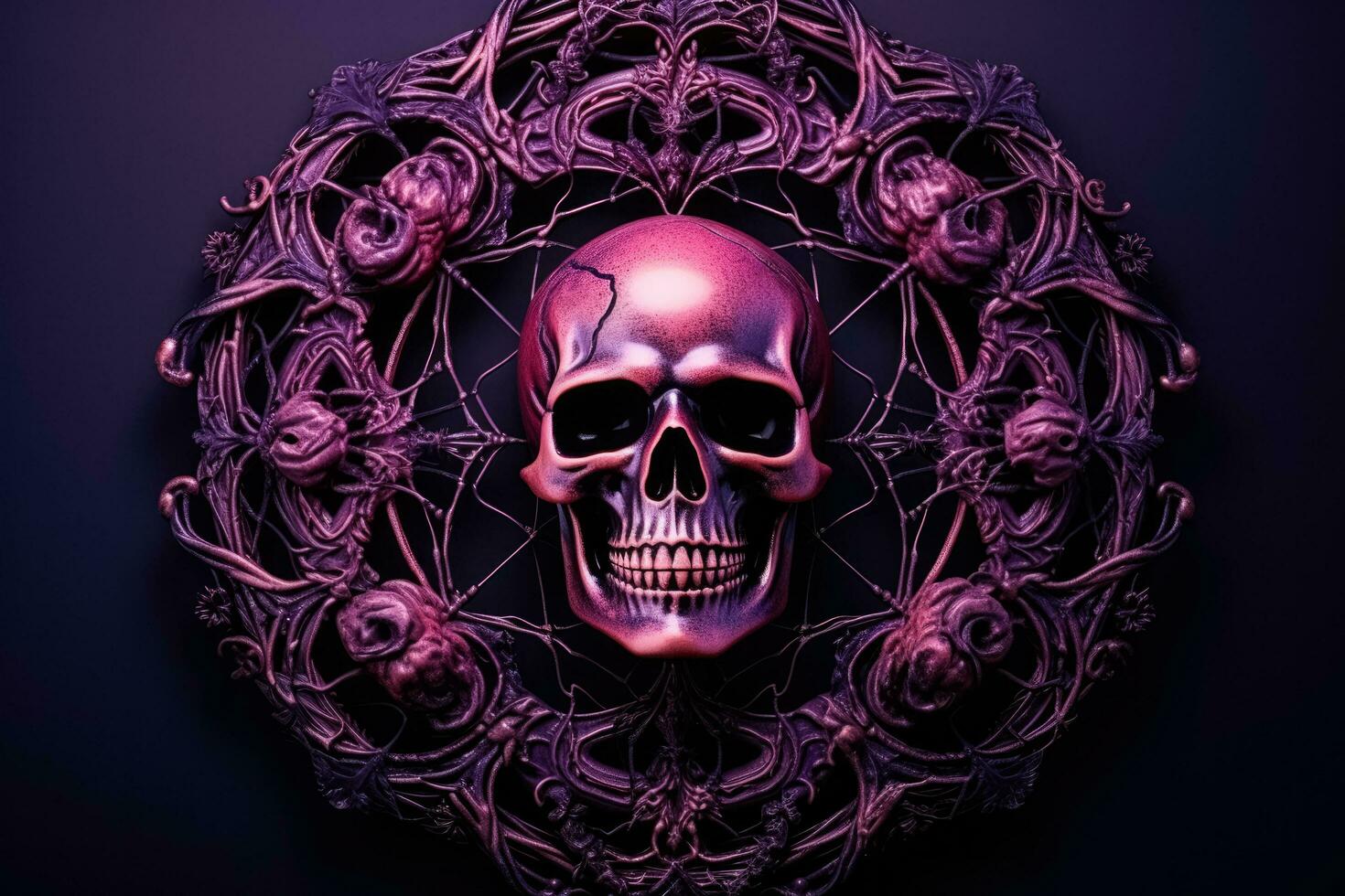 A Gothic skull Halloween wreath dripped in faux spider webs isolated on a gradient background photo