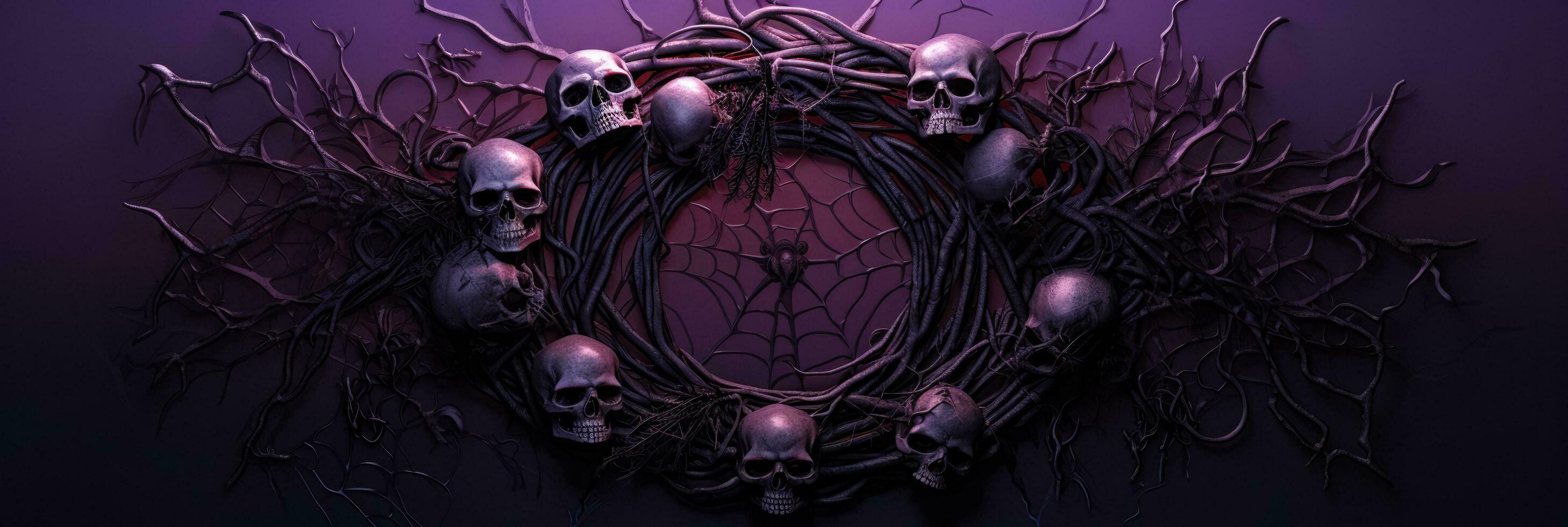 A Gothic skull Halloween wreath dripped in faux spider webs isolated on a gradient background photo