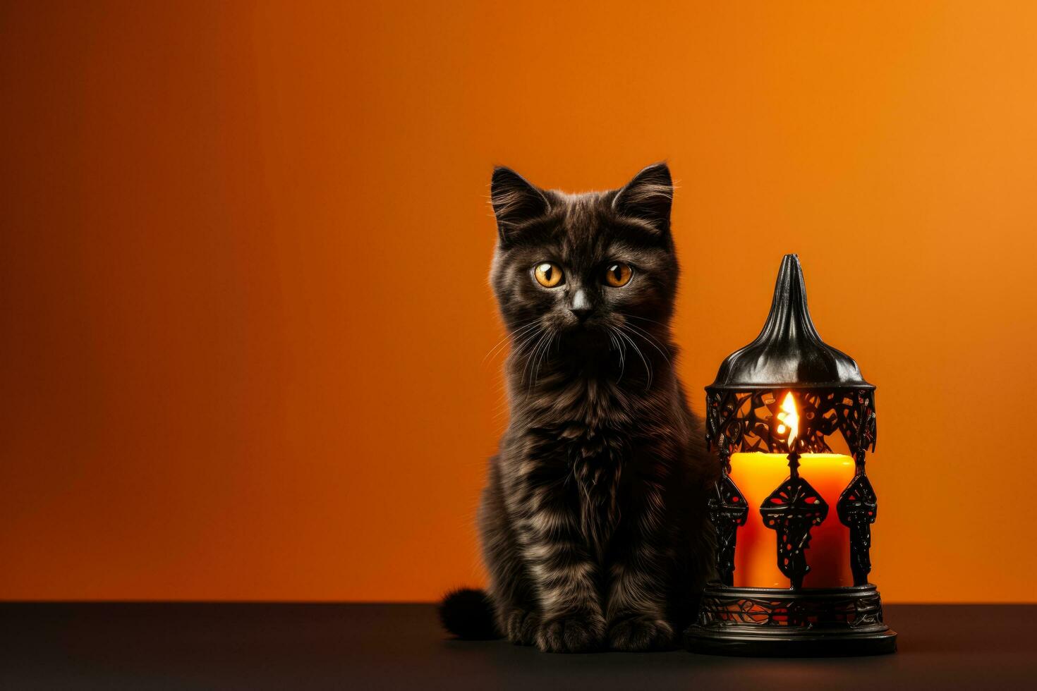 Charming Halloween centerpiece with black cat candle isolated on a gradient background photo