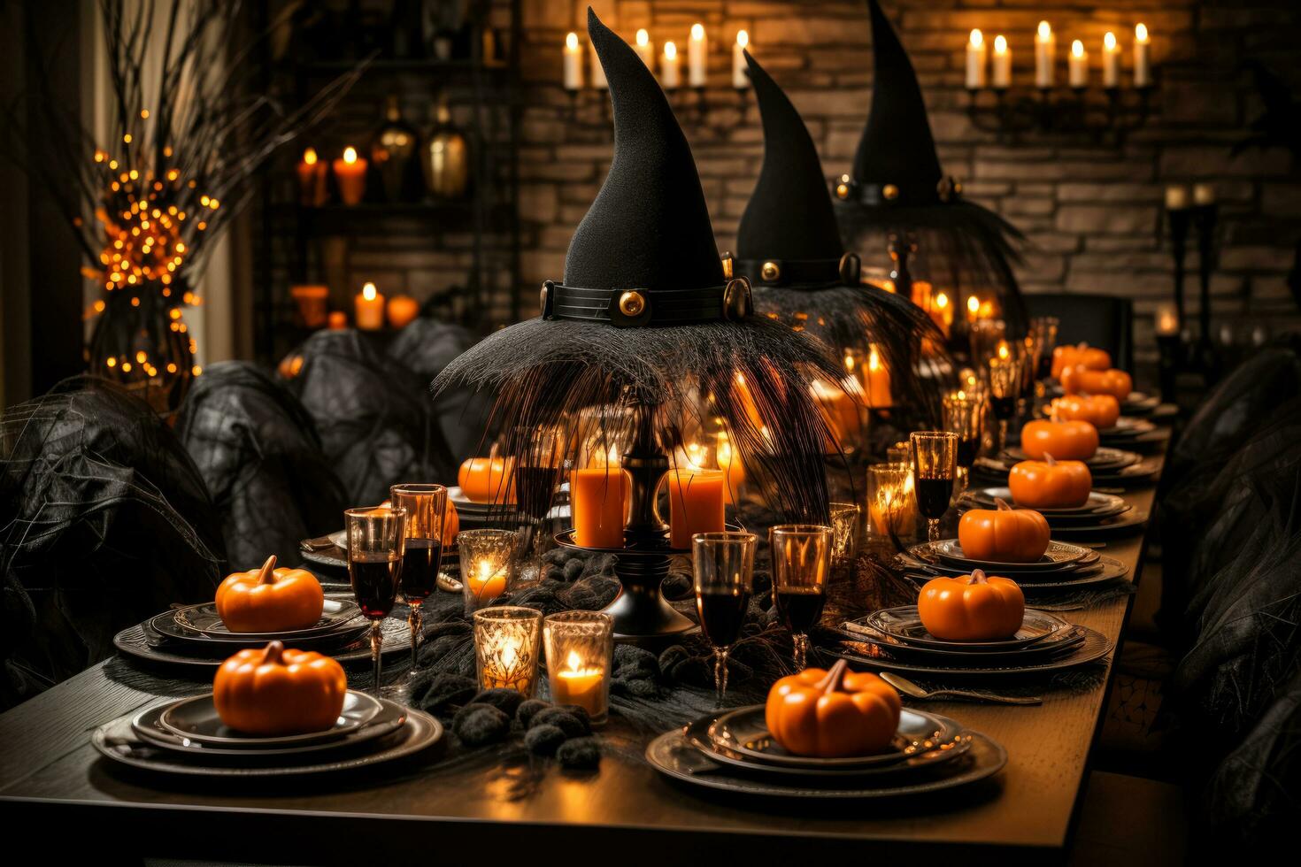 Enchanting centerpiece featuring witch hats cobwebs and candles for Halloween dinner photo