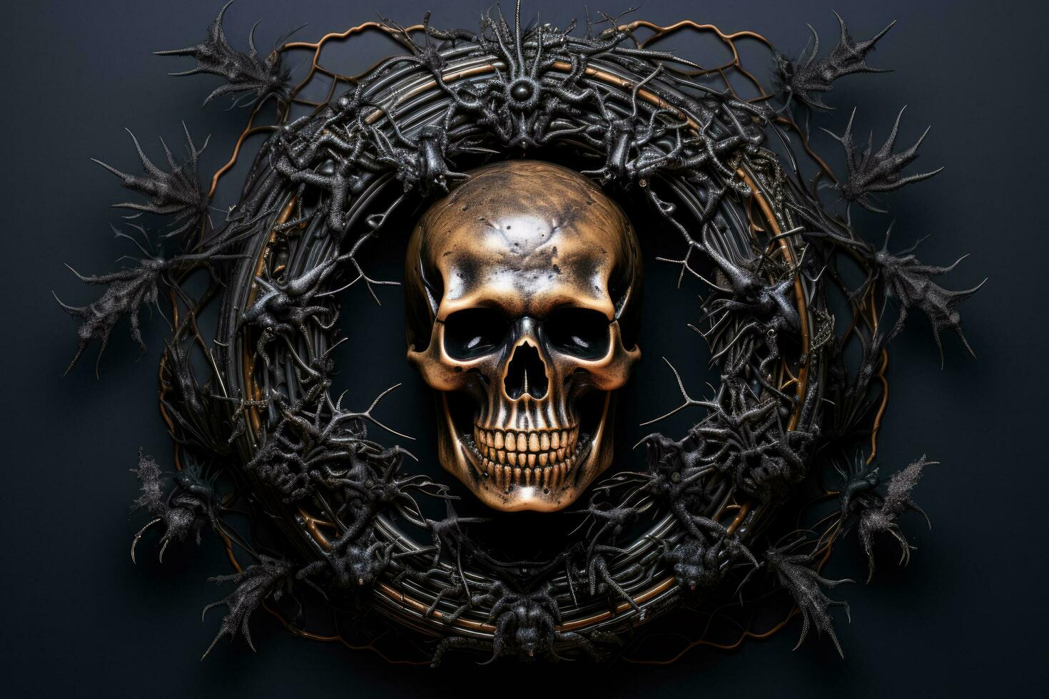 A Gothic skull Halloween wreath dripped in faux spider webs isolated on a gradient background photo