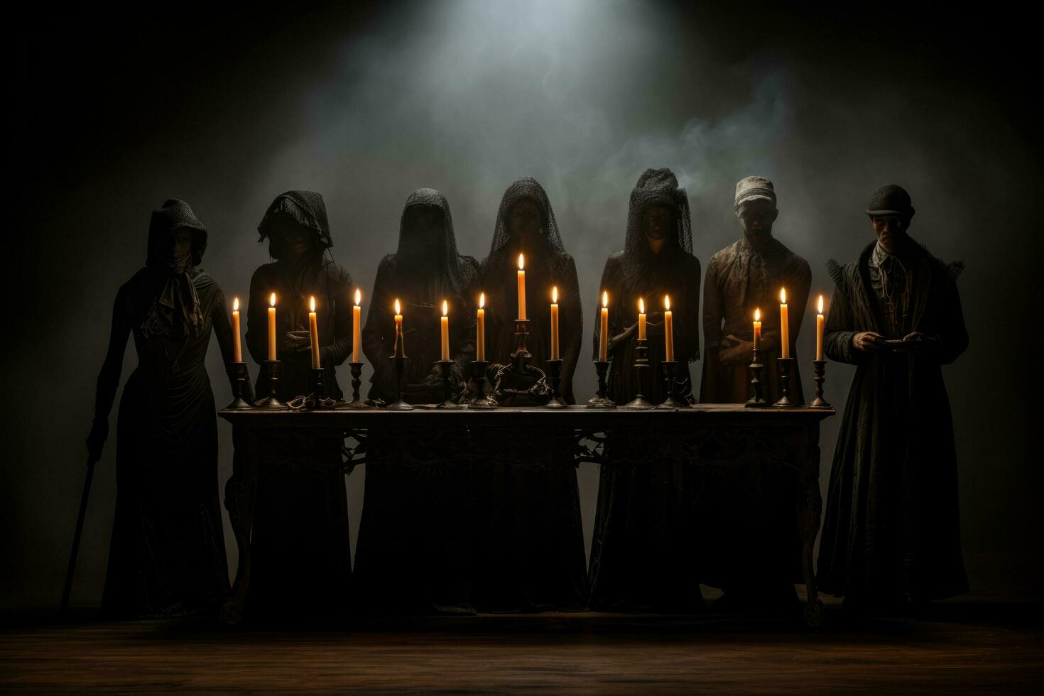 Sinister candle lit ensemble casting eerie shadows for a Halloween mystery photo