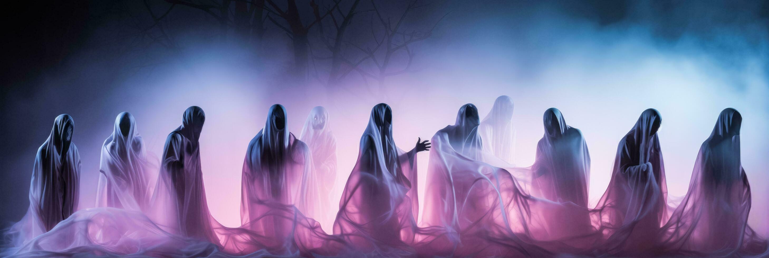 Scary outdoor Halloween lighting featuring ghost figures isolated on a gradient background photo