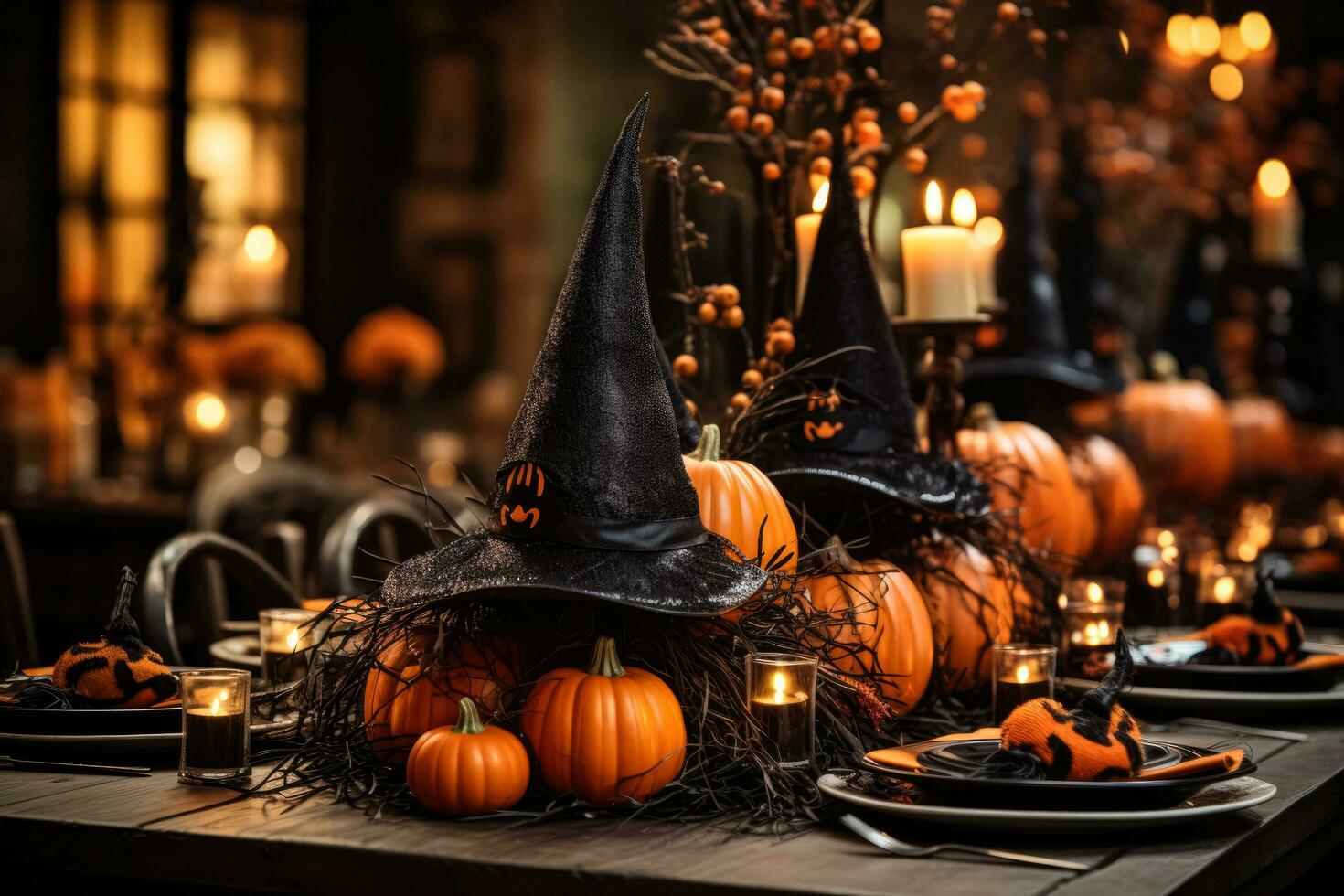 Enchanting centerpiece featuring witch hats cobwebs and candles for Halloween dinner photo