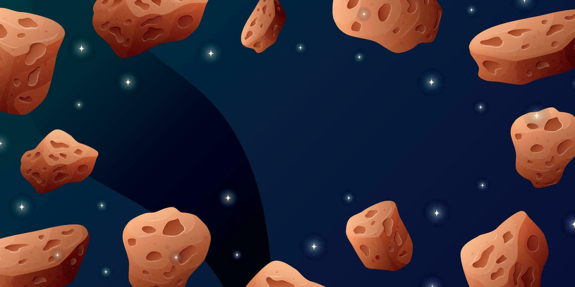 International world holiday Asteroid Day. Space background banner of the night starry sky with flying stone meteorites. vector