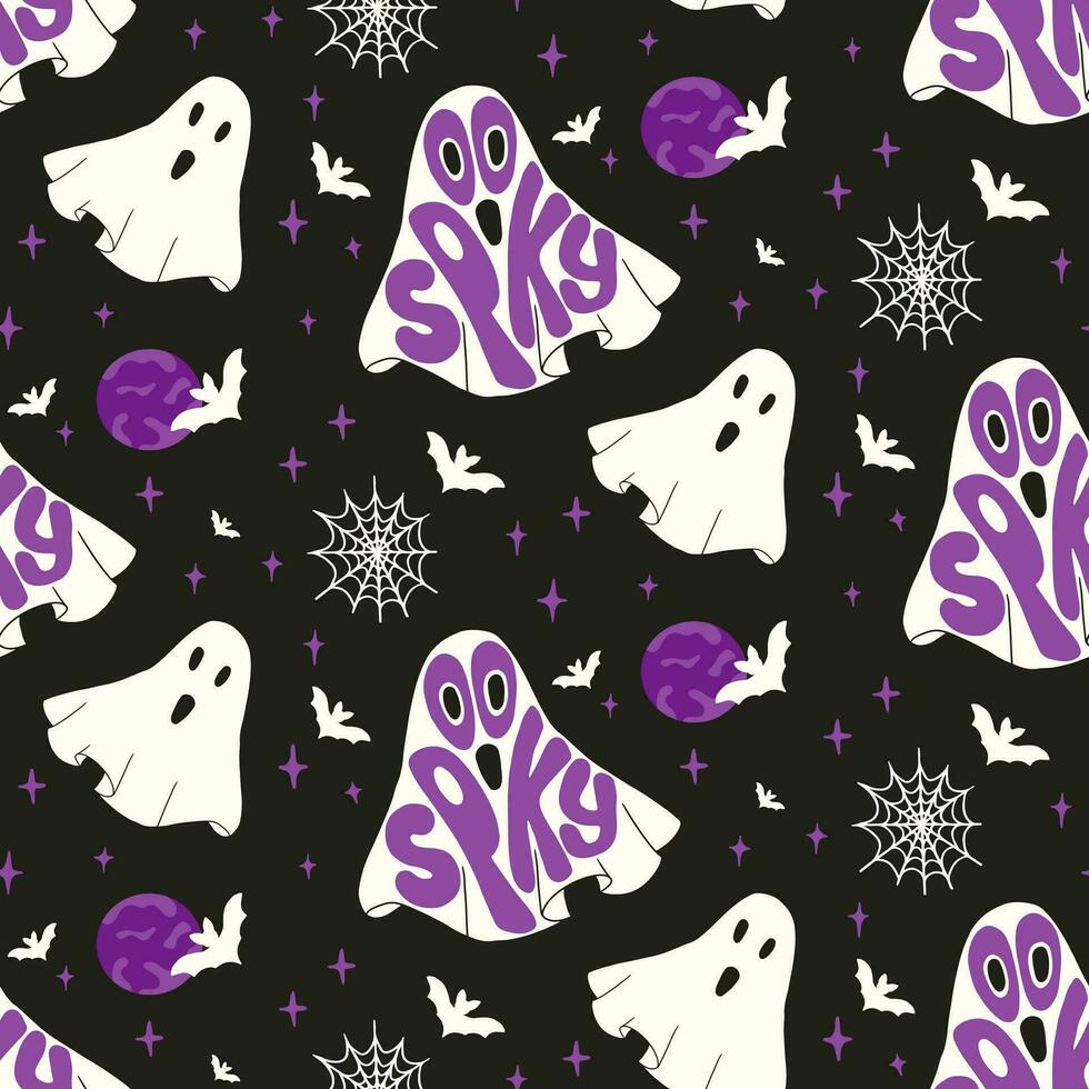 Scary pattern with Halloween groovy lettering. Flying ghost in flat minimalistic style with slogan Spooky inside. Hand drawn holiday design for party decoration, textile, background, wrapping paper vector