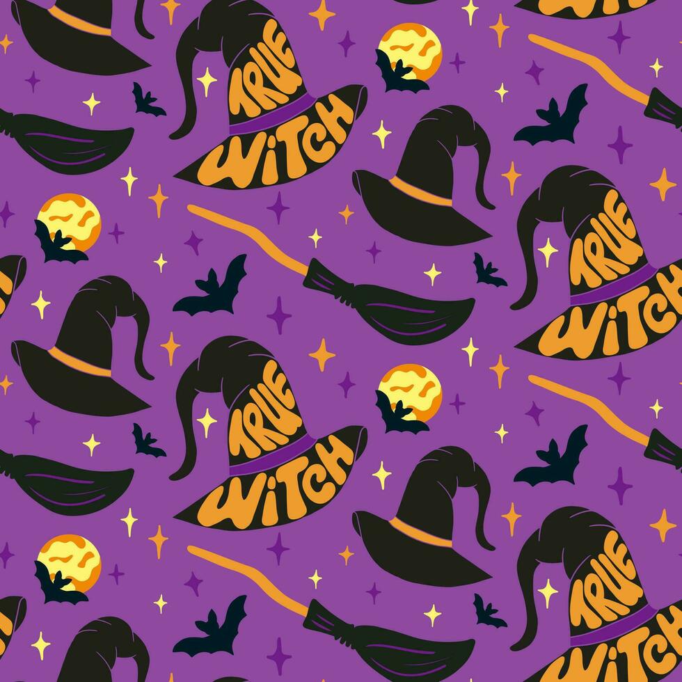 Seamless pattern with Halloween groovy lettering. Hand drawn slogan True Witch in witch hat with mop, bat and moon on purple background. unique design for Halloween party decoration, textile, wrapping vector
