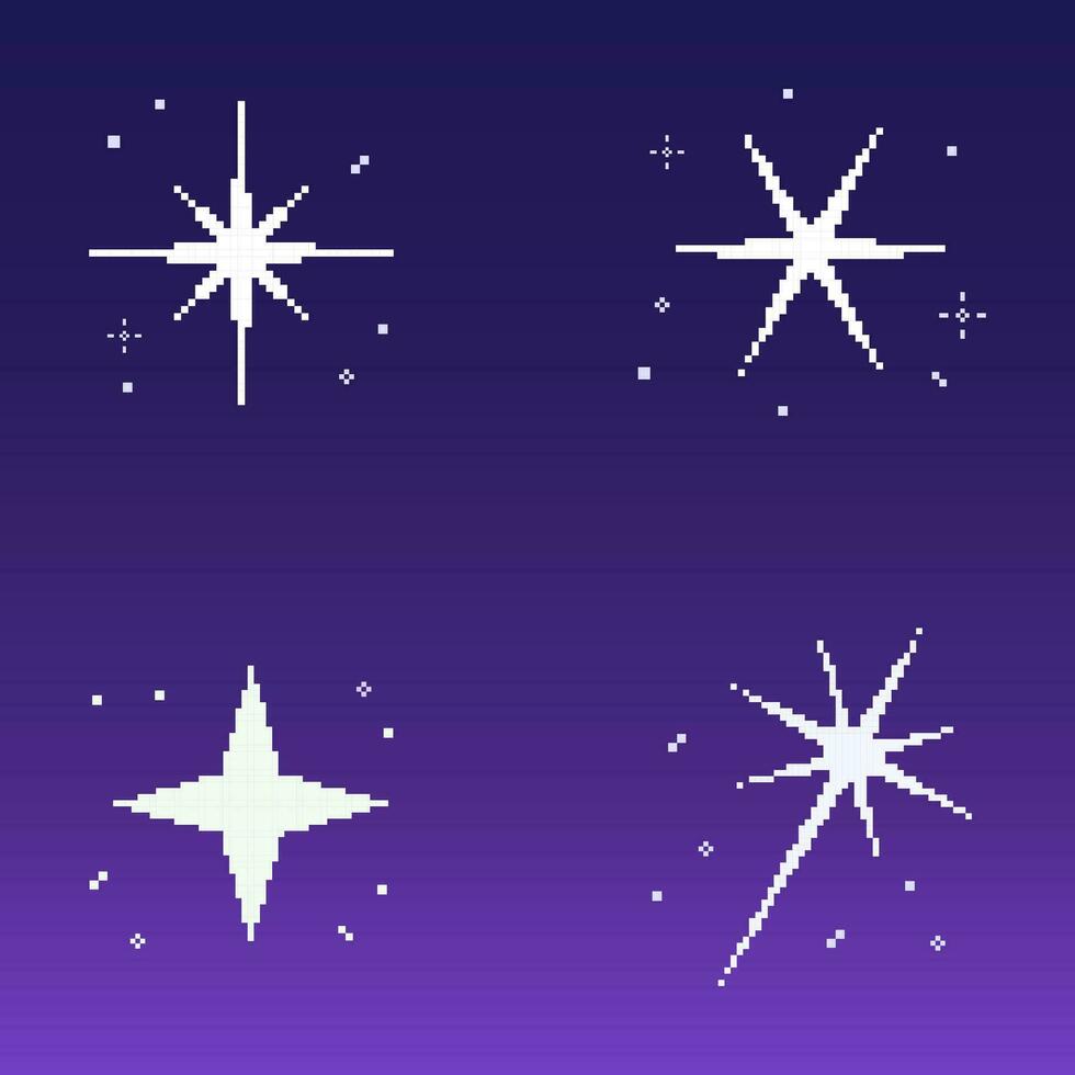 Starry sky pixel art set, sparkling star 8 bit style vector