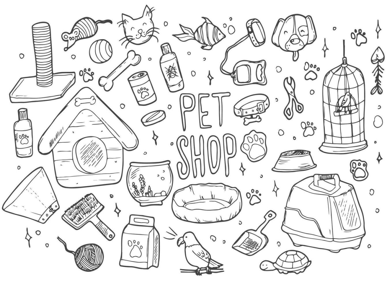 Pets shop doodle set. Collection of hand drawn sketches templates patterns of bird cages dogs food and collars cat litters and toys on transparent background. Domestic animal care illustration. vector