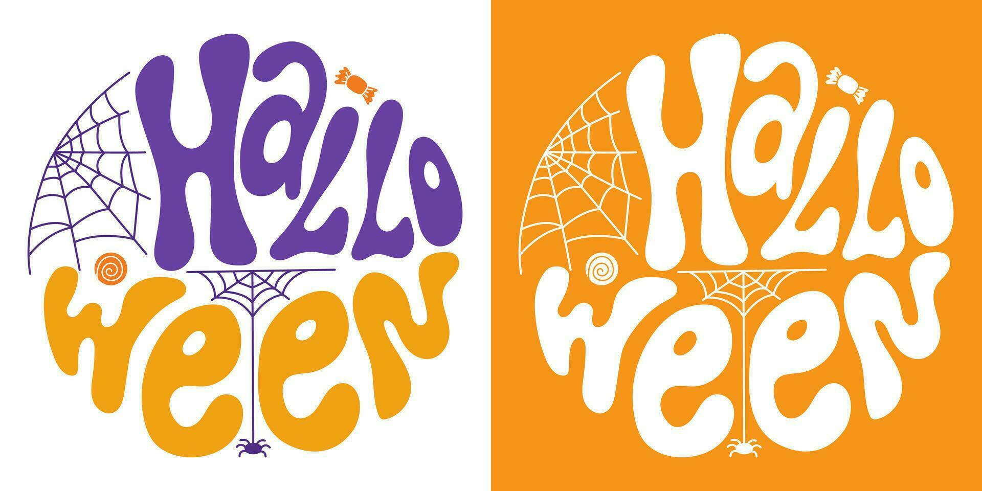 Retro groovy psychedelic lettering Halloween with spider and spiderweb. Slogan in round shape in vintage style 60s 70s. Trendy groovy print design for posters, cards, tshirts. vector