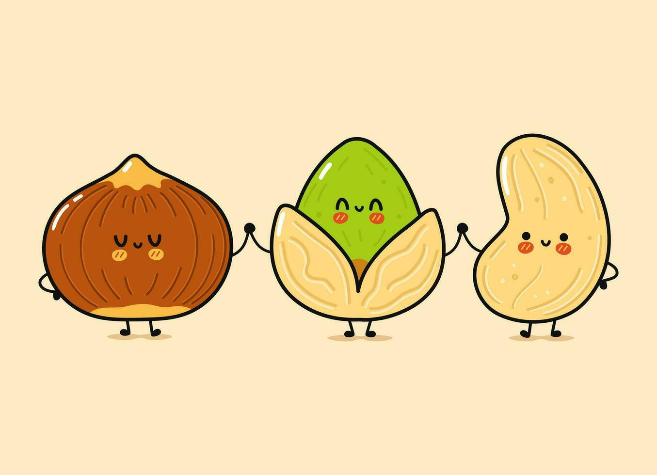 Cute, funny happy hazelnut, pistachio and cashews nut. Vector hand drawn cartoon kawaii characters, illustration icon. Funny happy cartoon hazelnut, pistachio and cashew nut mascot friends concept