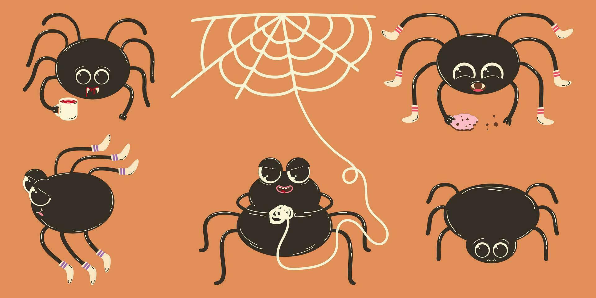 Colorful set of Halloween elements in retro cartoon style. Cute spider characters in socks, the spider knits a web, eats a cookie and other funny poses. vector