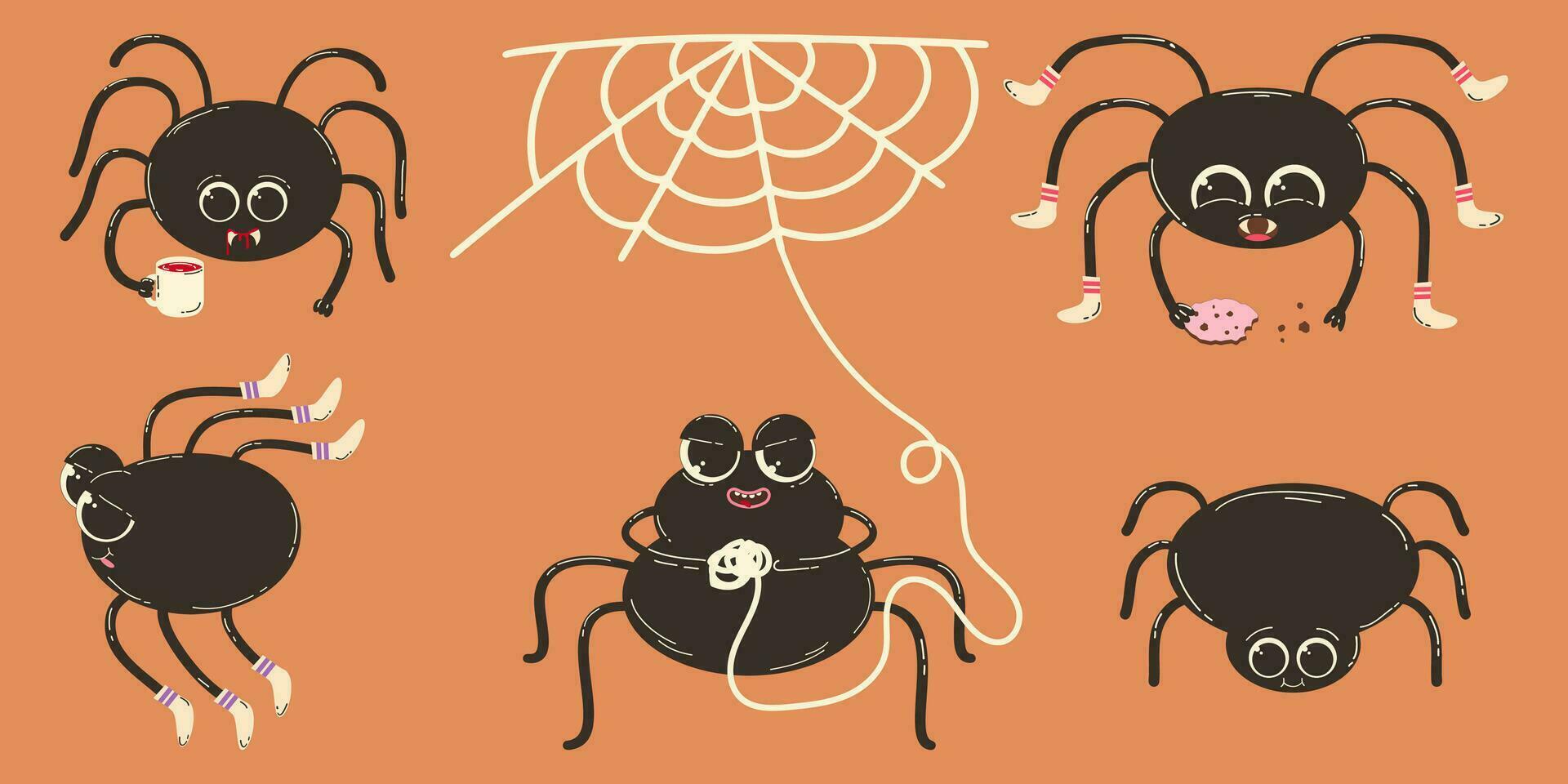 vistoso conjunto de Víspera de Todos los Santos elementos en retro dibujos animados estilo. linda araña caracteres en medias, el araña tejer un web, come un Galleta y otro gracioso posa vector