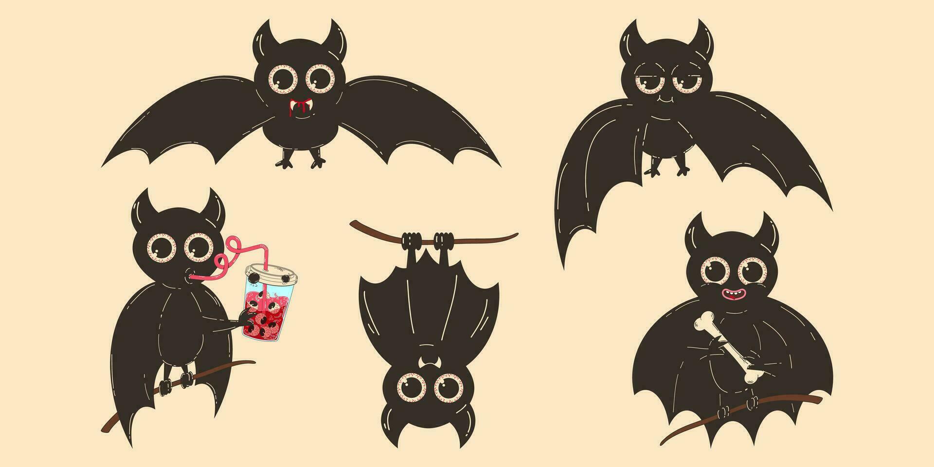 Set of elements with bats for Halloween in retro cartoon style. Cute characters of a bat drinking blood through a straw and other mascots. vector
