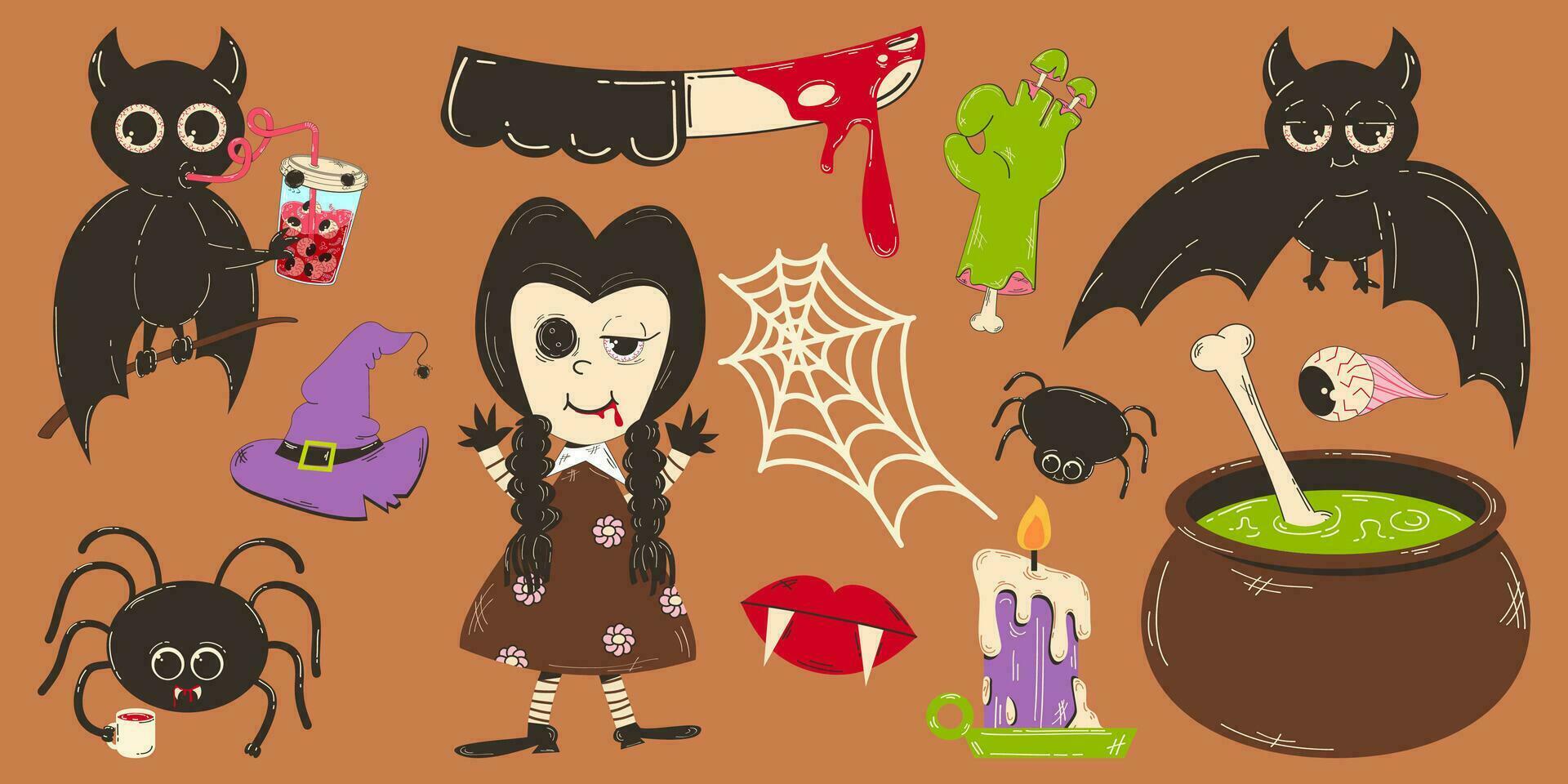 Colorful set of Halloween elements in retro cartoon style. A scary doll, a witch's potion, a bat drinking blood, a zombie hand and other elements. vector